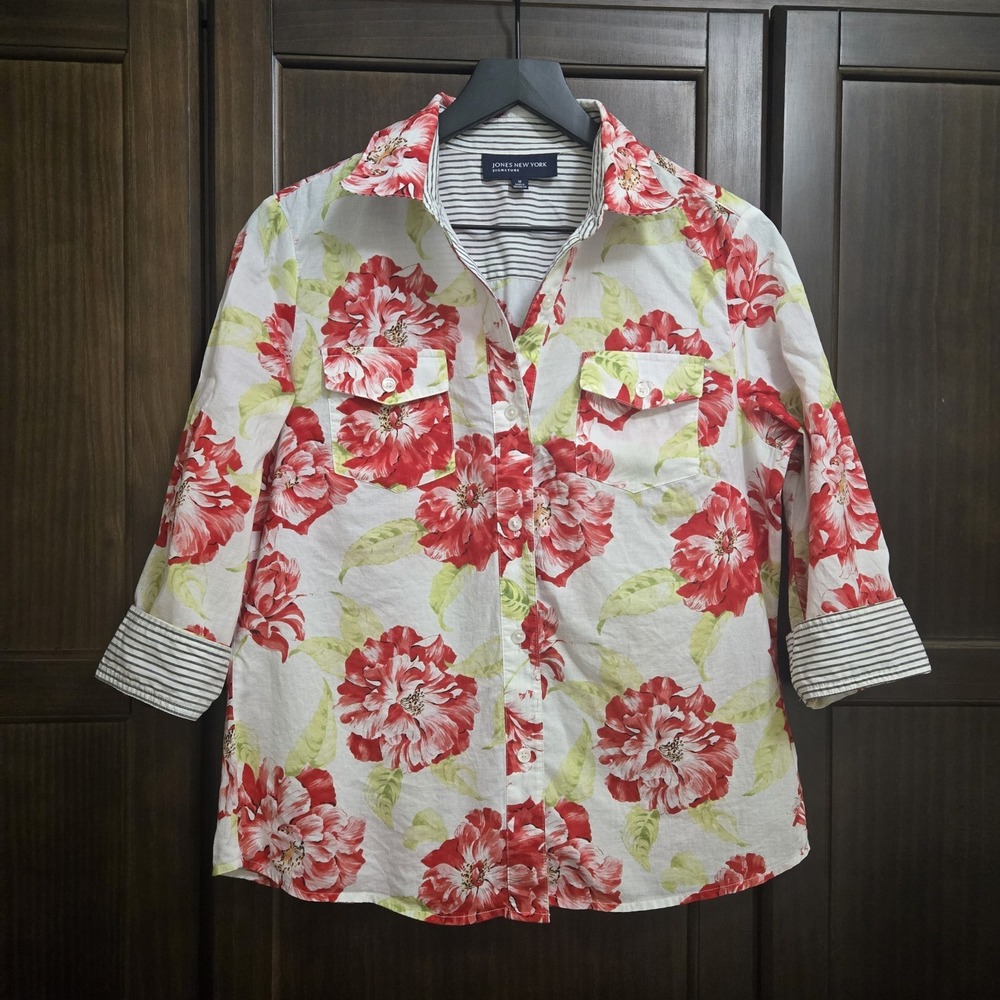Jones‎ New York Womens Flip Cuff Button Up Shirt Cotton Floral Stripes Medium